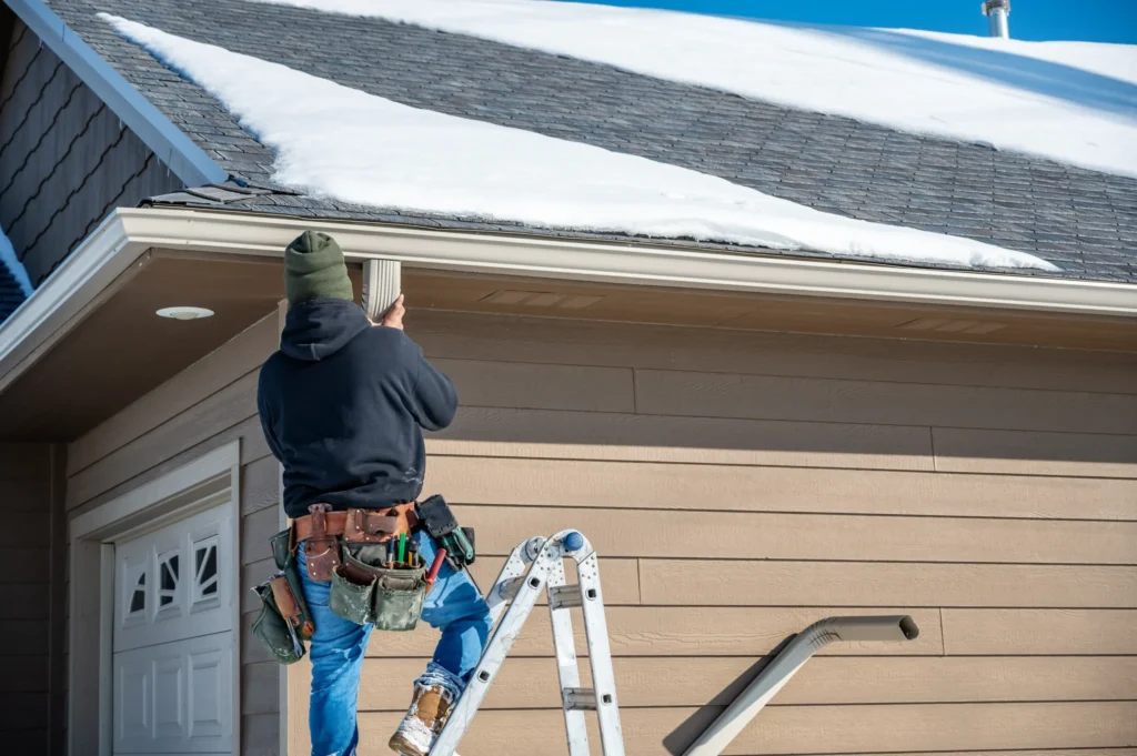 A person stands on a ladder cleaning or repairing a roof gutter on a house with snow covering the roof.
