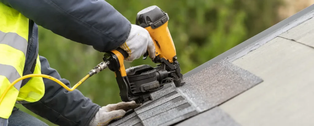 Worker using a nail gun to secure asphalt shingles on a sloped roof, wearing gloves and a safety jacket.