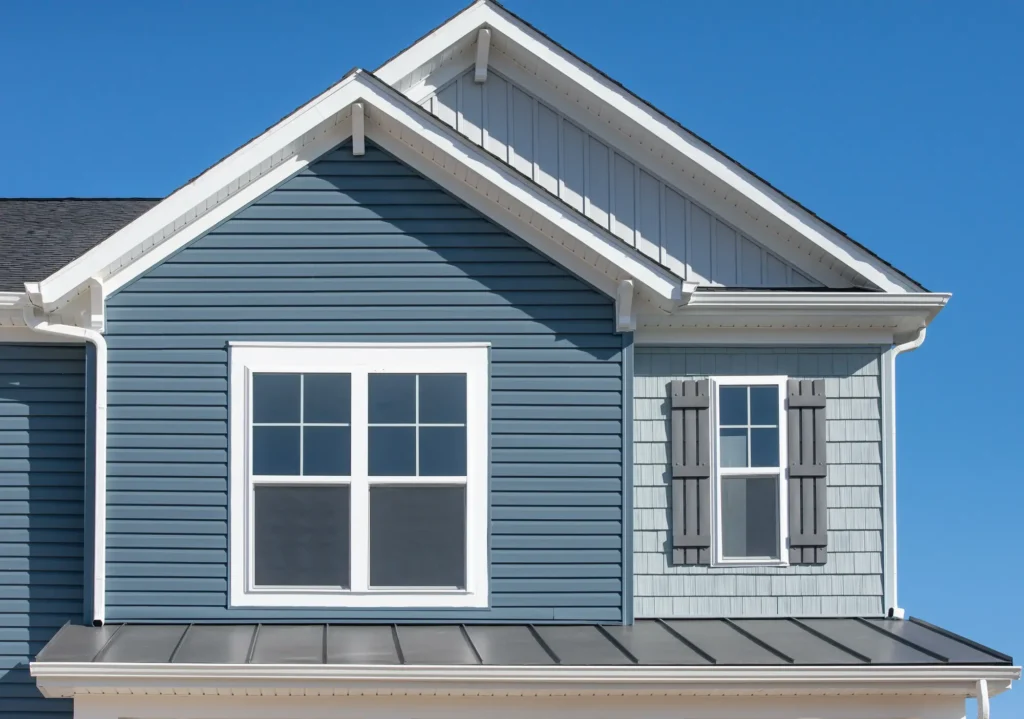 Close-up of the exterior of a house with blue and gray siding, white trim, double windows, decorative shutters, and a metal roof under a clear blue sky.
